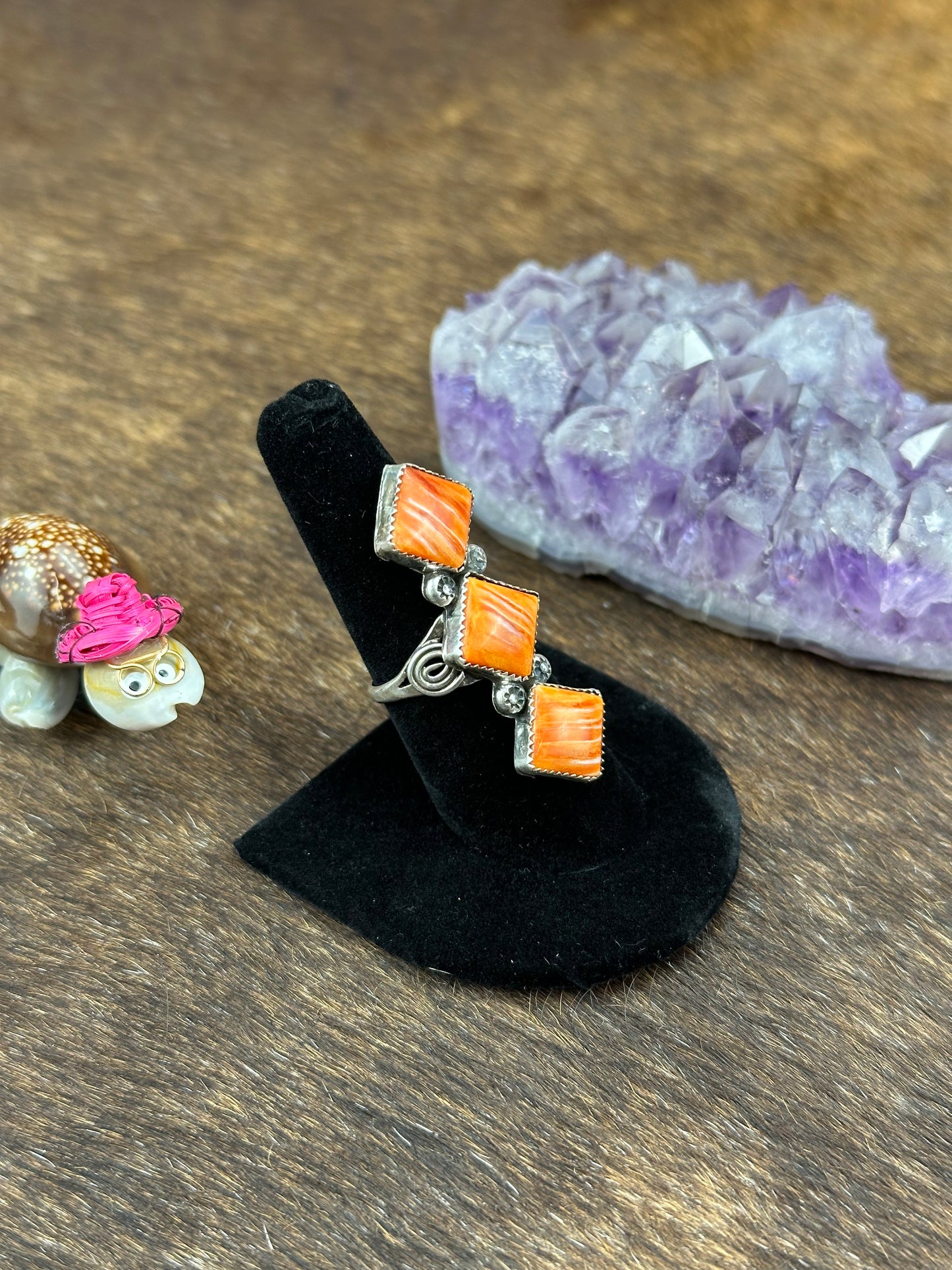 3 Stone Orange Spiny Square Ring