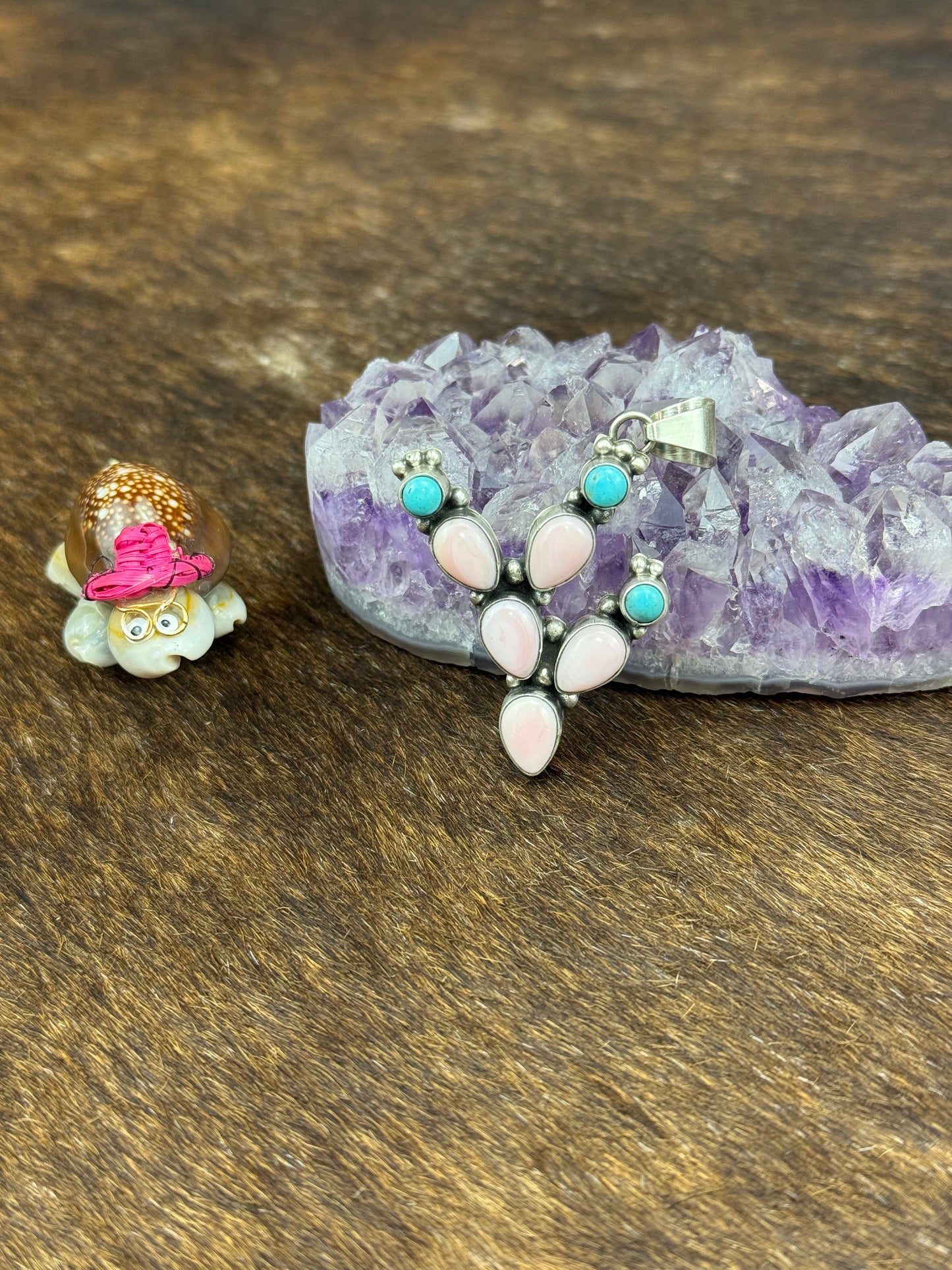 Pink Conch and Kingman Turquoise Pendant