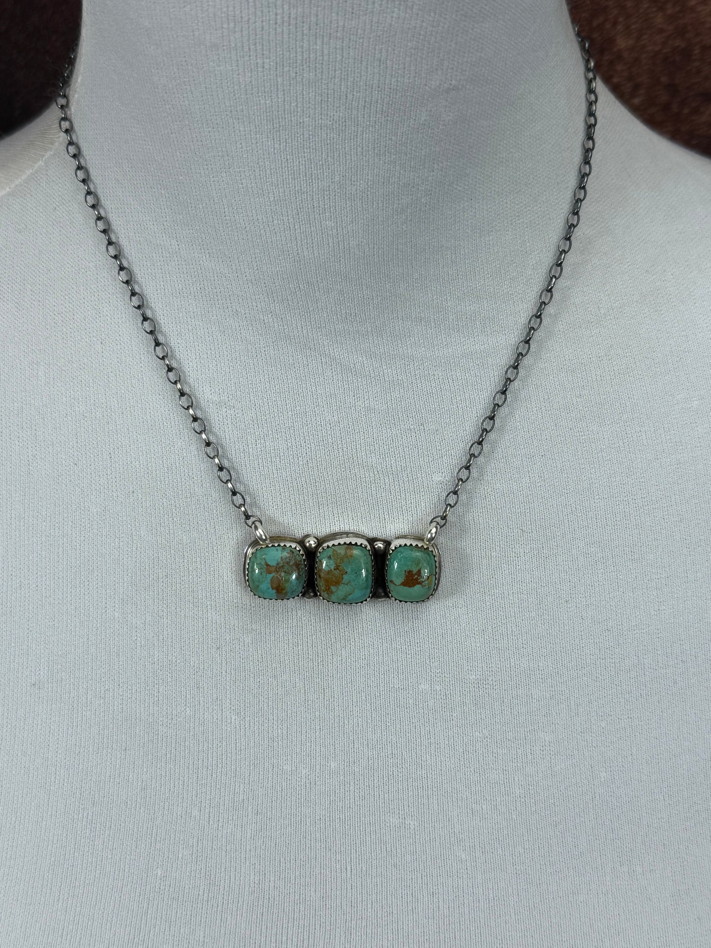 Kingman Turquoise 3 Stone Bar Necklace