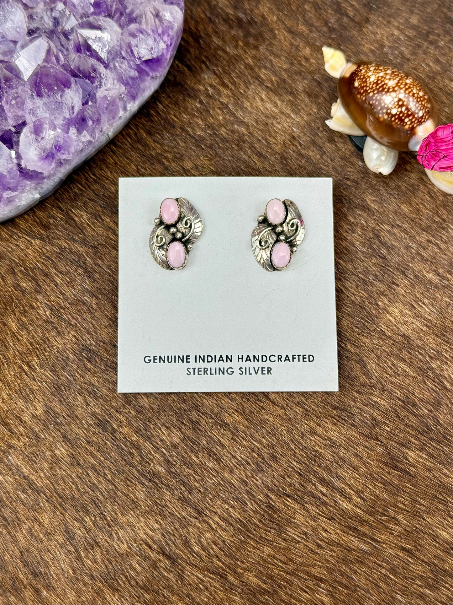 Pink Conch Sterling Silver Two Stone Flower Earrings