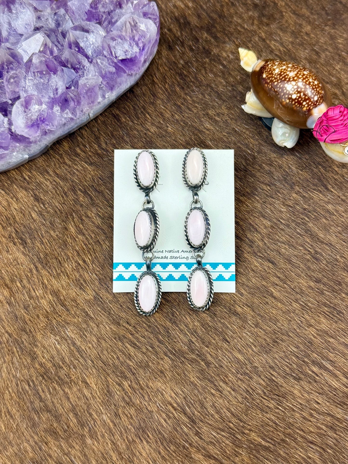Pink Conch Sterling Silver Three Stone Dangle Earrings