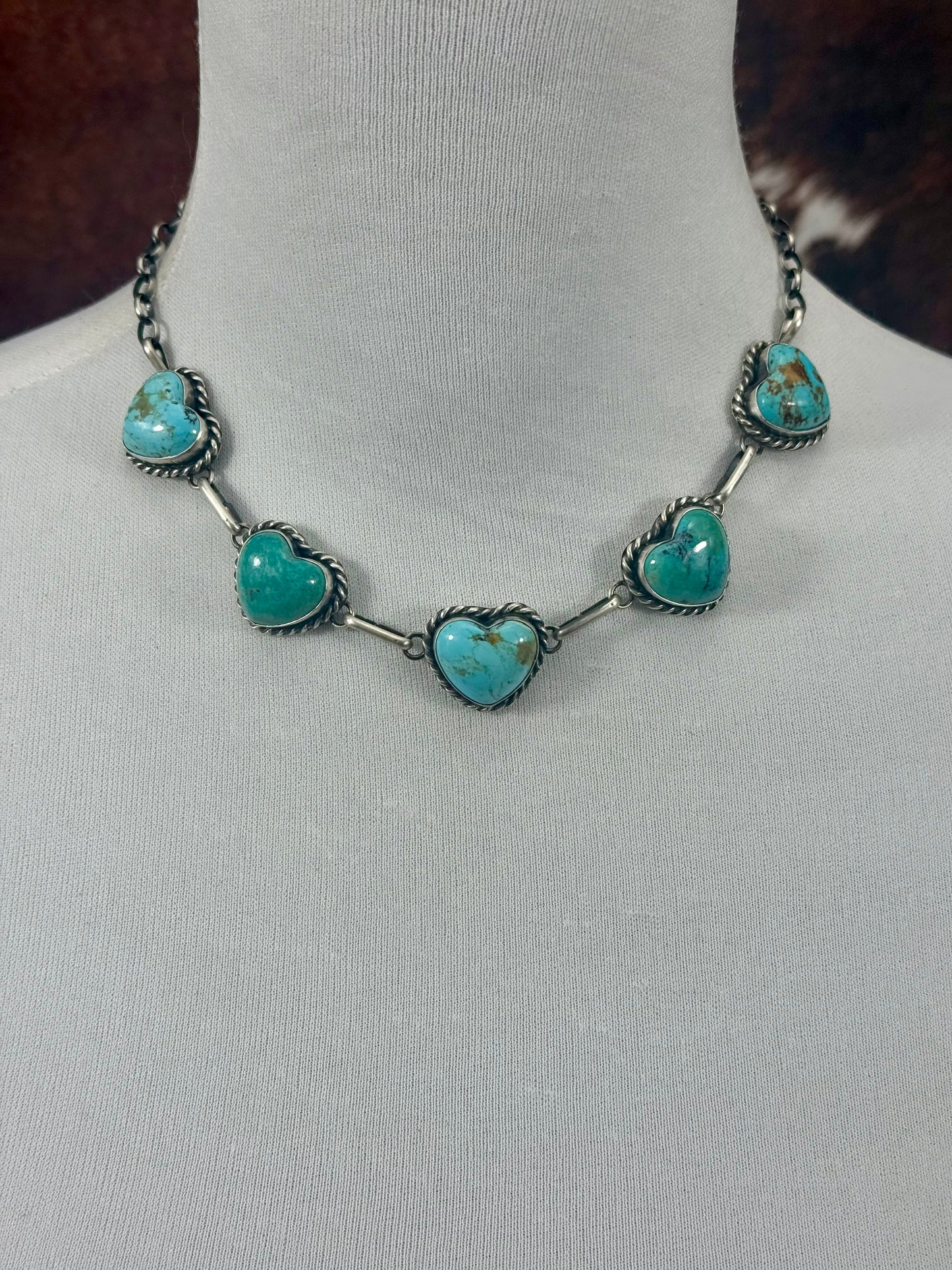 Kingman Turquoise Sterling Silver 5 Stone Heart Choker