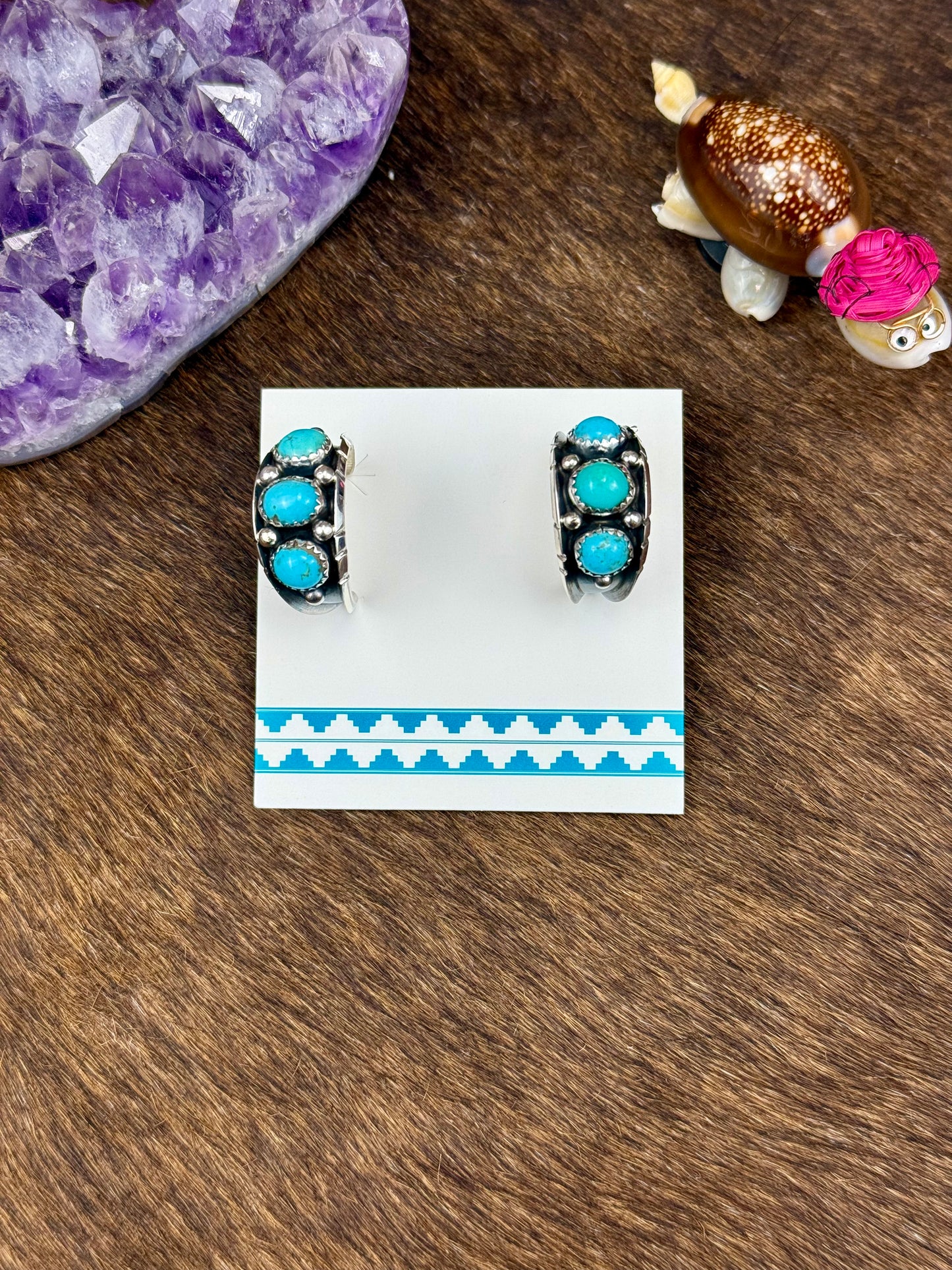 Kingman Turquoise Sterling Silver Three Stone Earrings