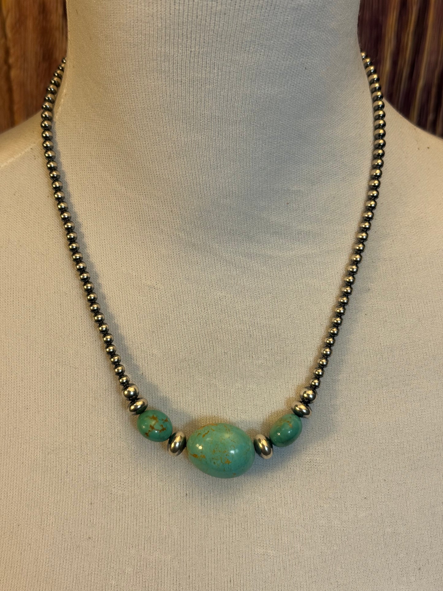 Kingman Turquoise Chunk 4mm Sterling Pearl Necklace