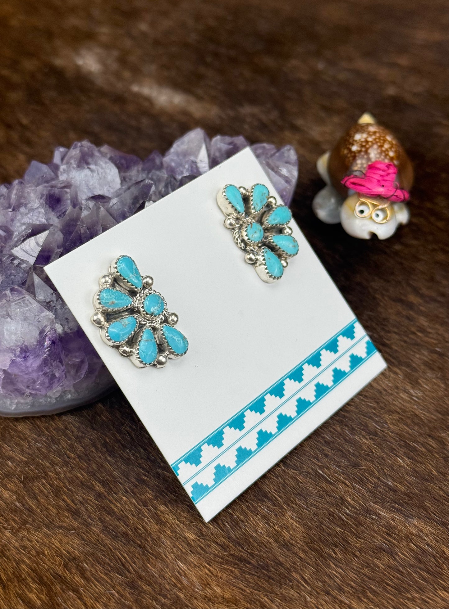 Kingman Turquoise Sterling Silver Half Cluster Earrings
