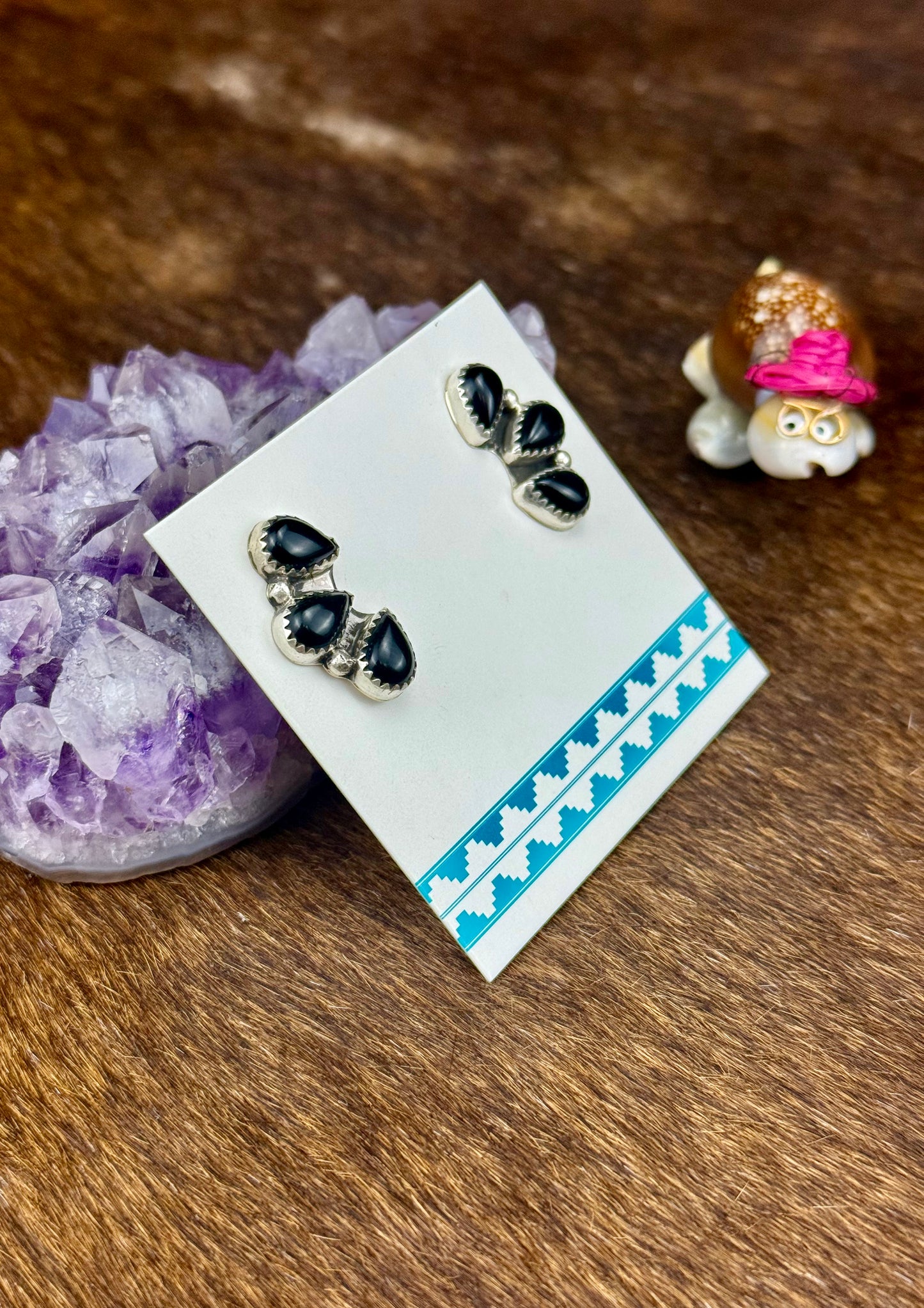 Black Onyx Sterling Silver Three Stone Earrings
