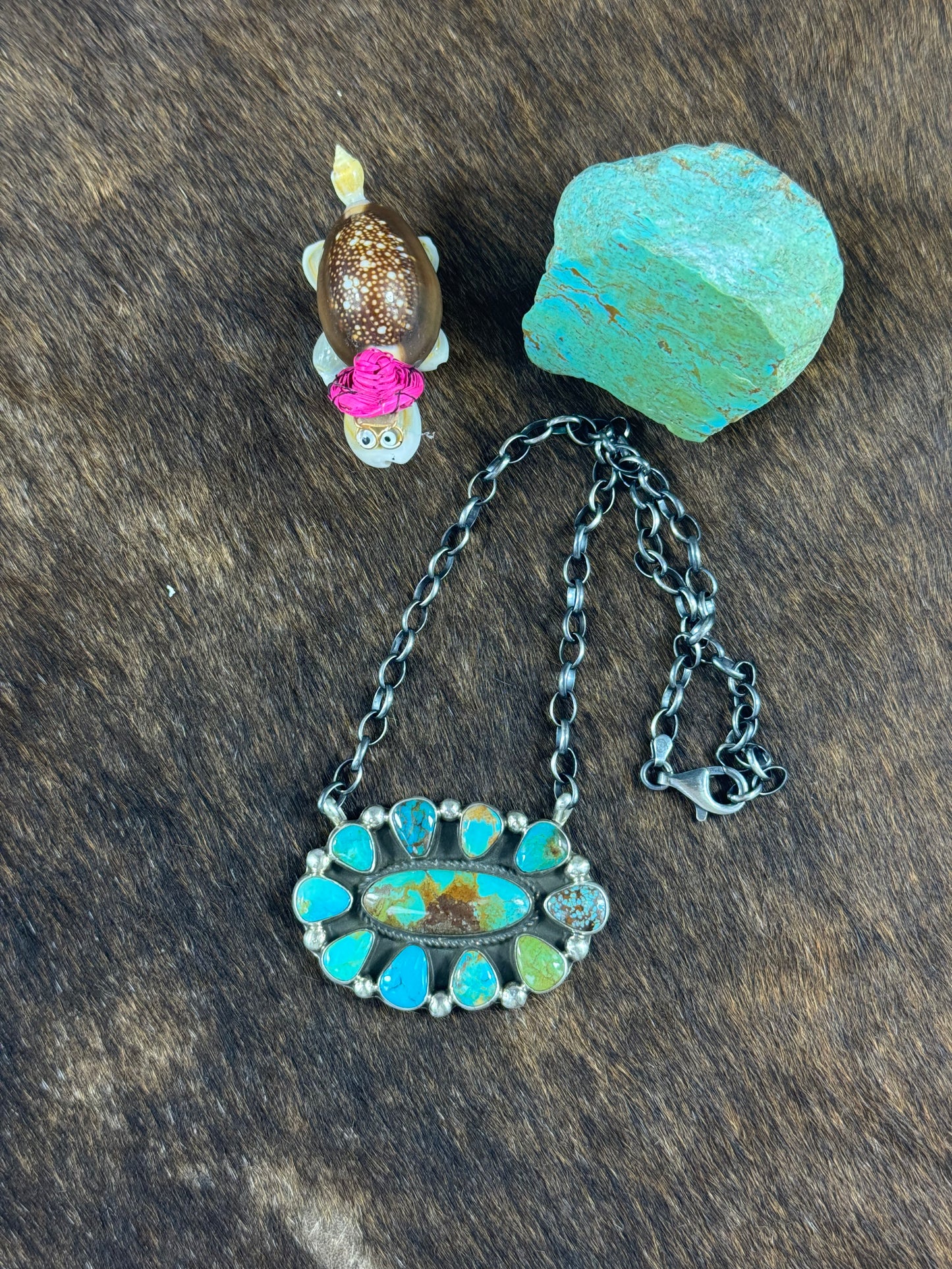 Kingman Turquoise Oval Cluster Fixed Pendant Necklace