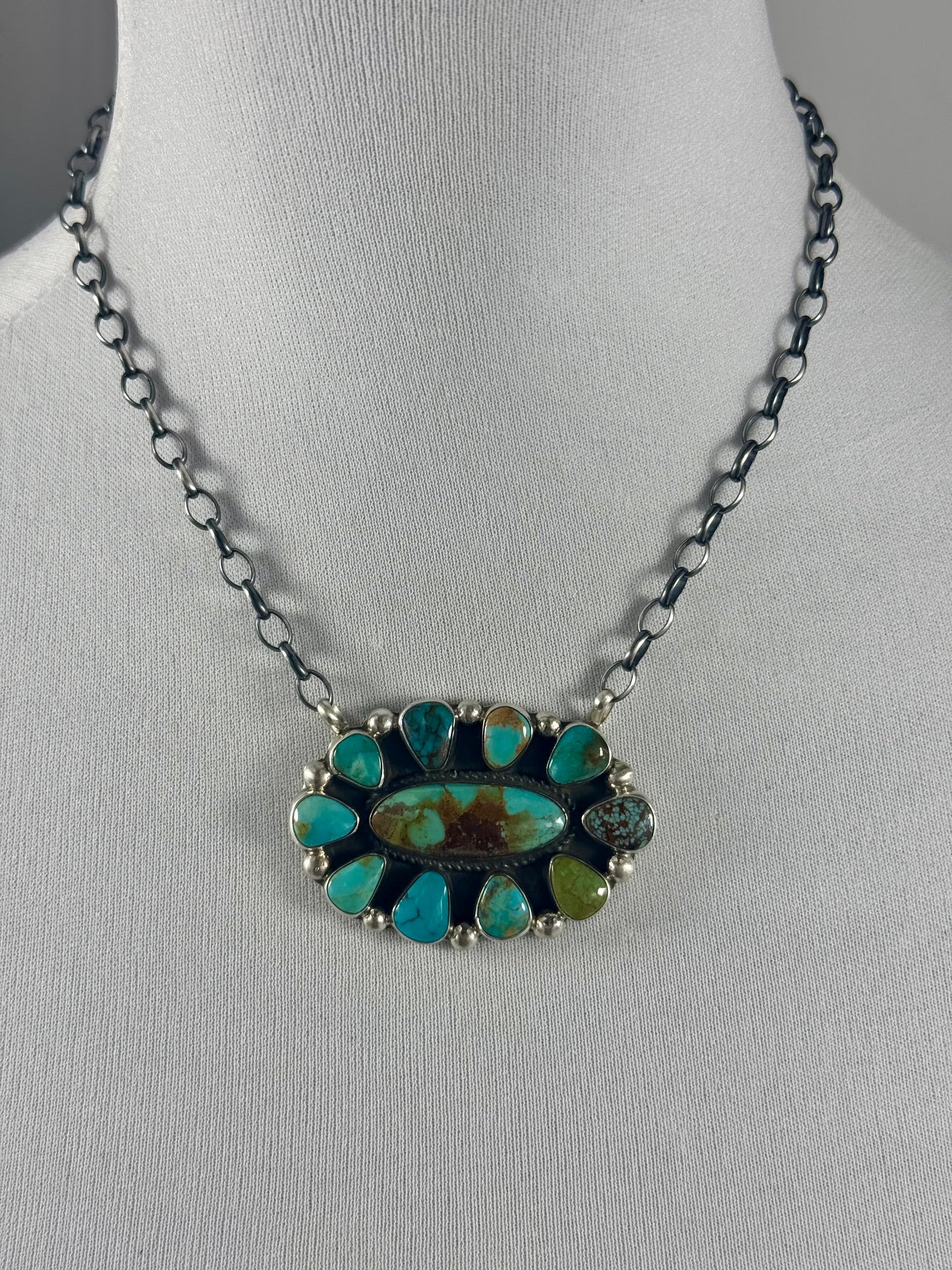 Kingman Turquoise Oval Cluster Fixed Pendant Necklace