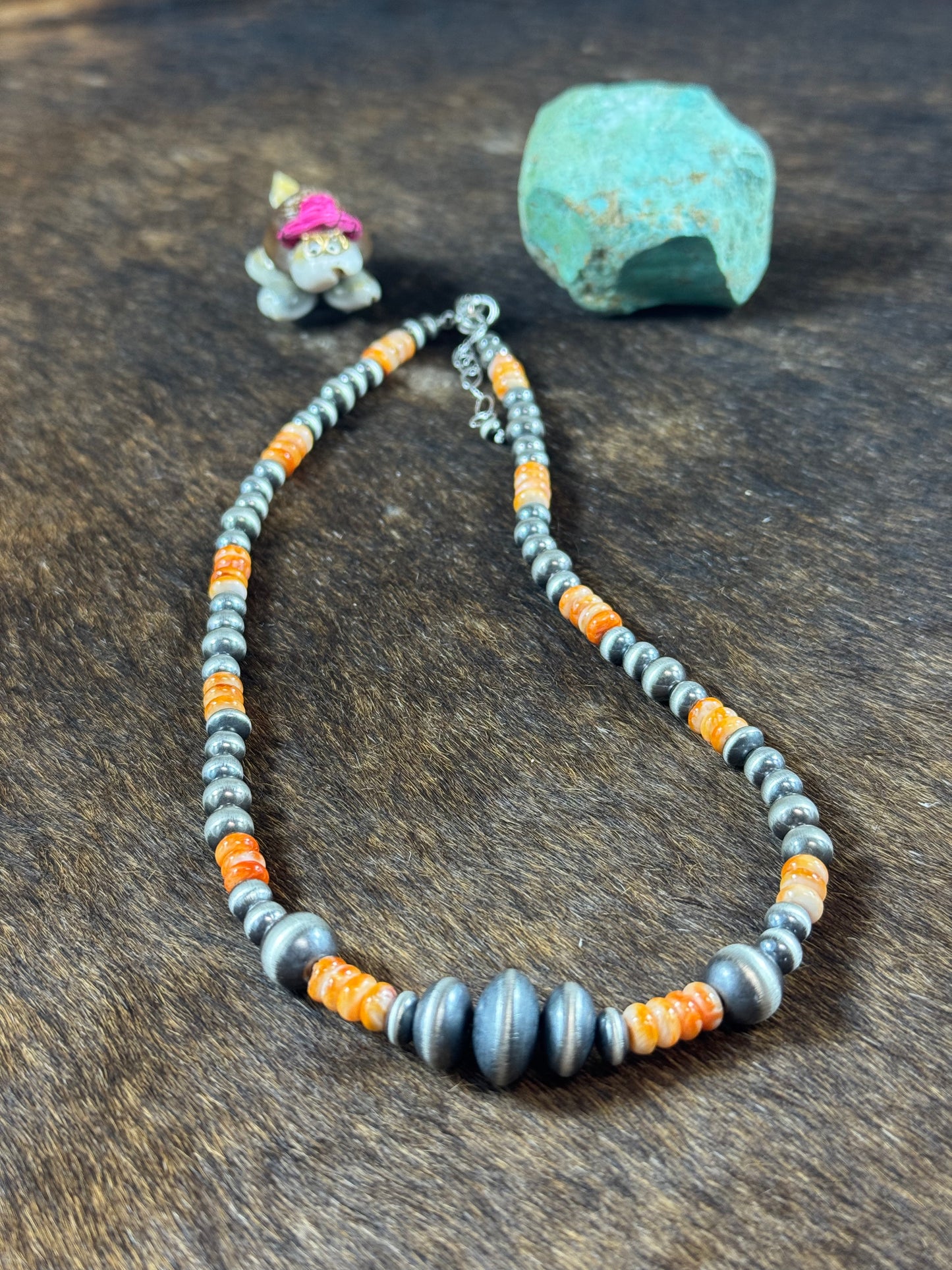 Orange Spiny and Sterling Silver Varied Necklace