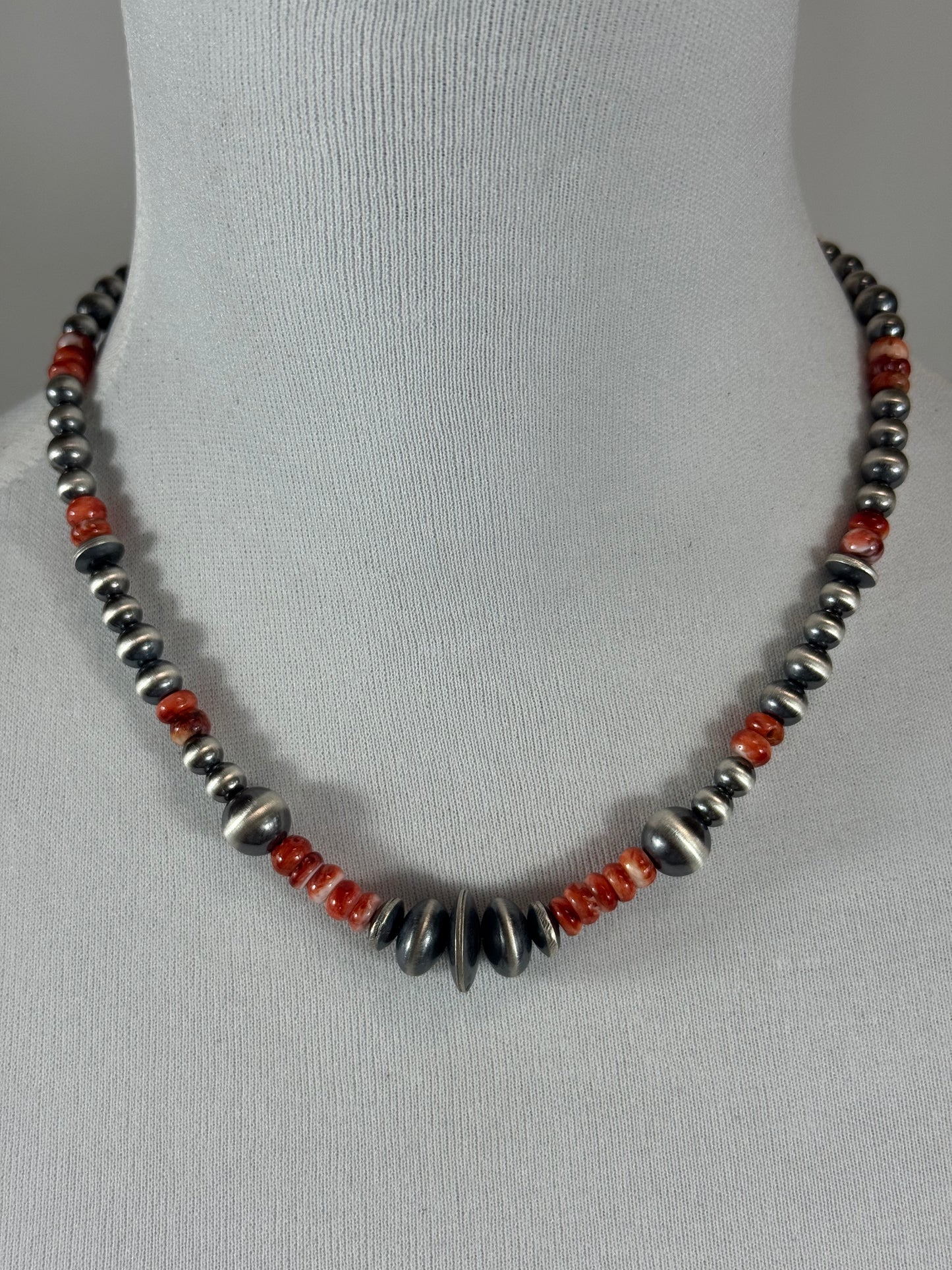 Red Spiny and Sterling Silver Varied Necklace