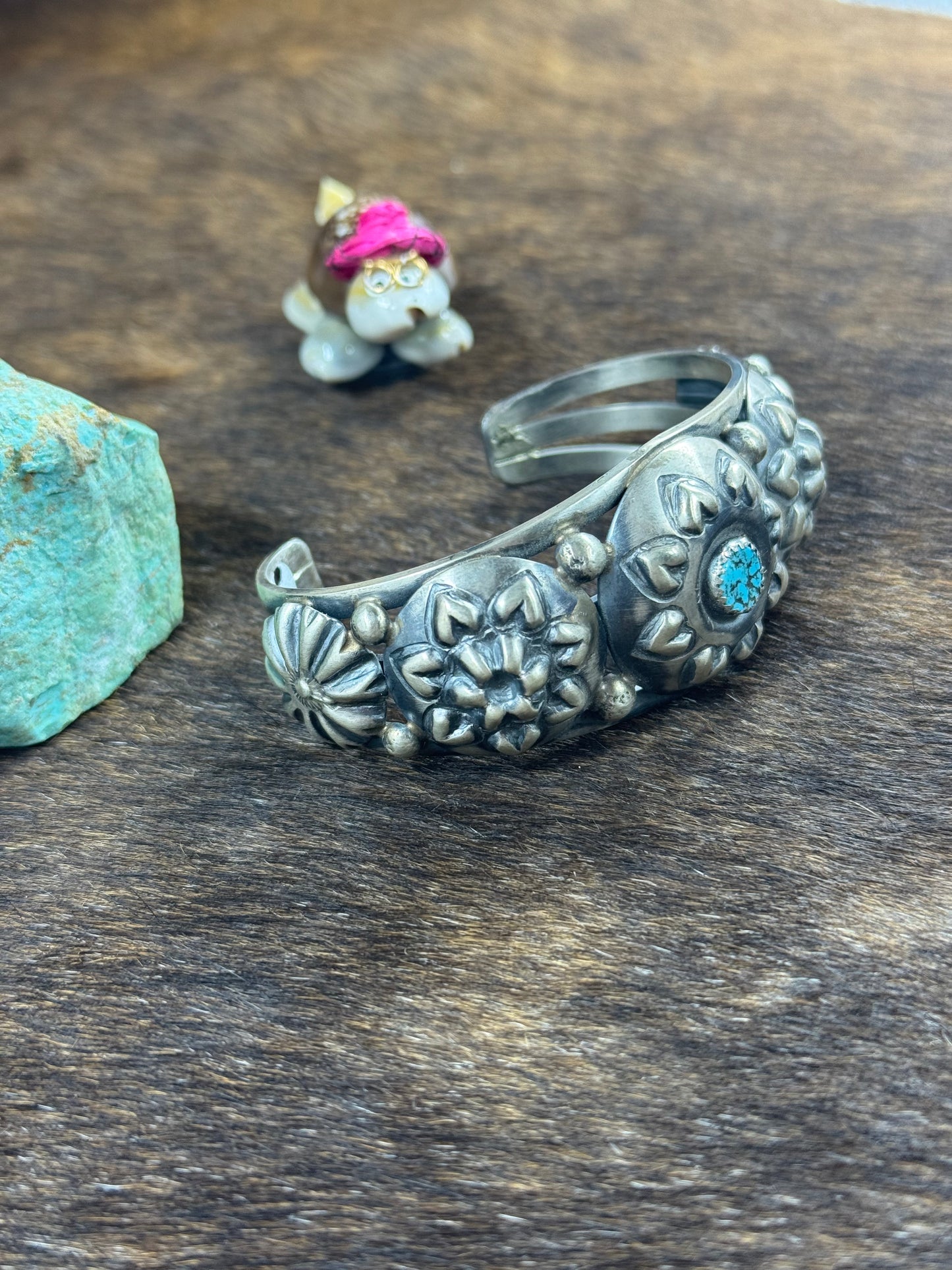 Sterling SIlver Heart Stamp Bracelet and Kingman Center Stone