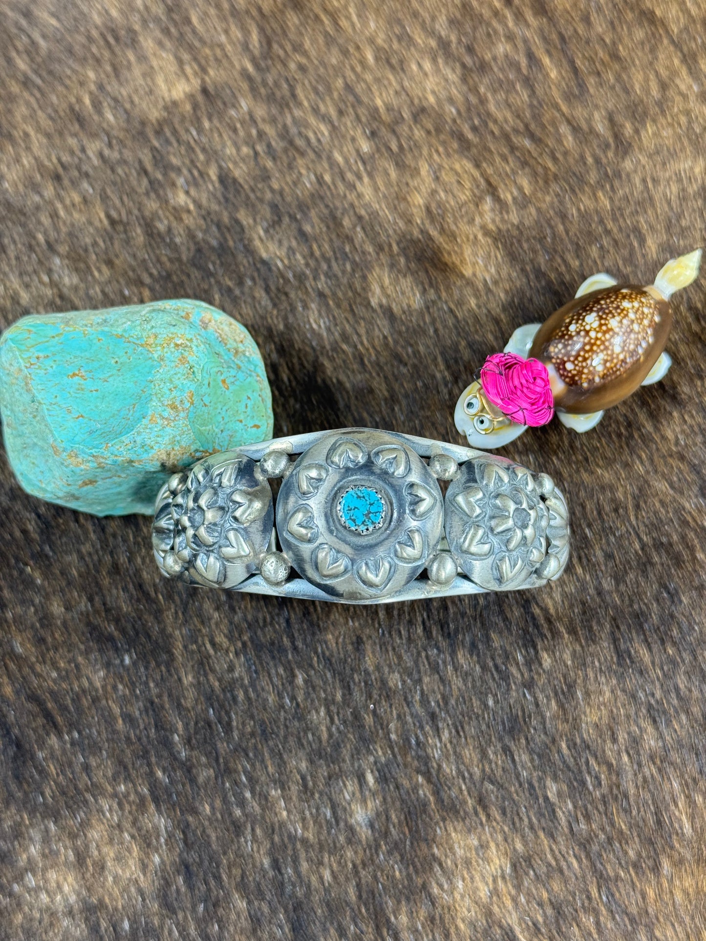 Sterling SIlver Heart Stamp Bracelet and Kingman Center Stone