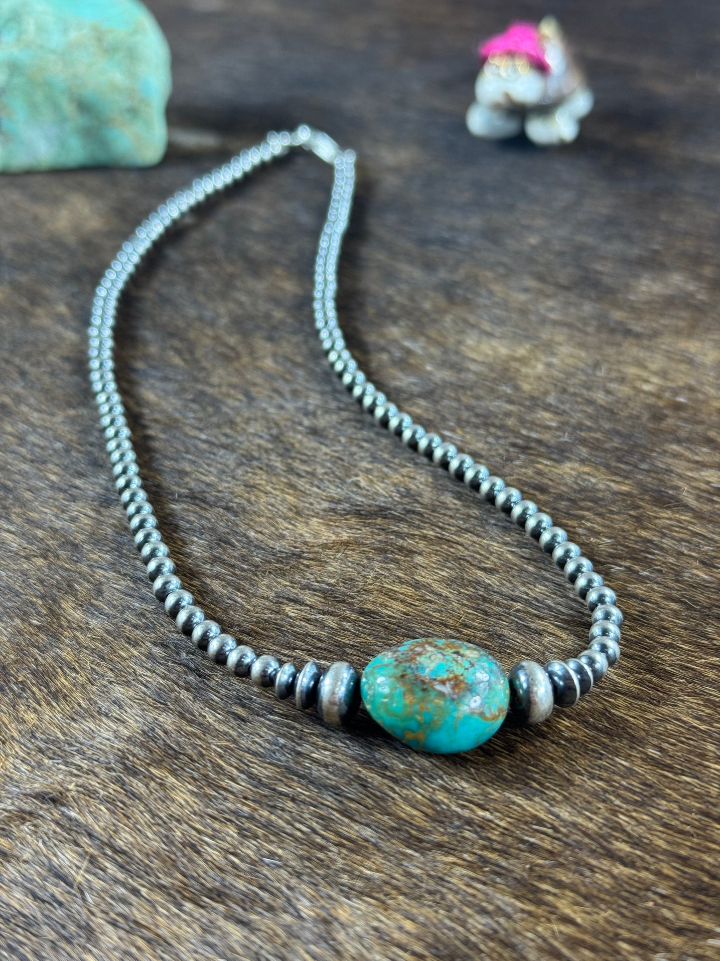 4mm Sterling Silver bead and Kingman chunk necklace