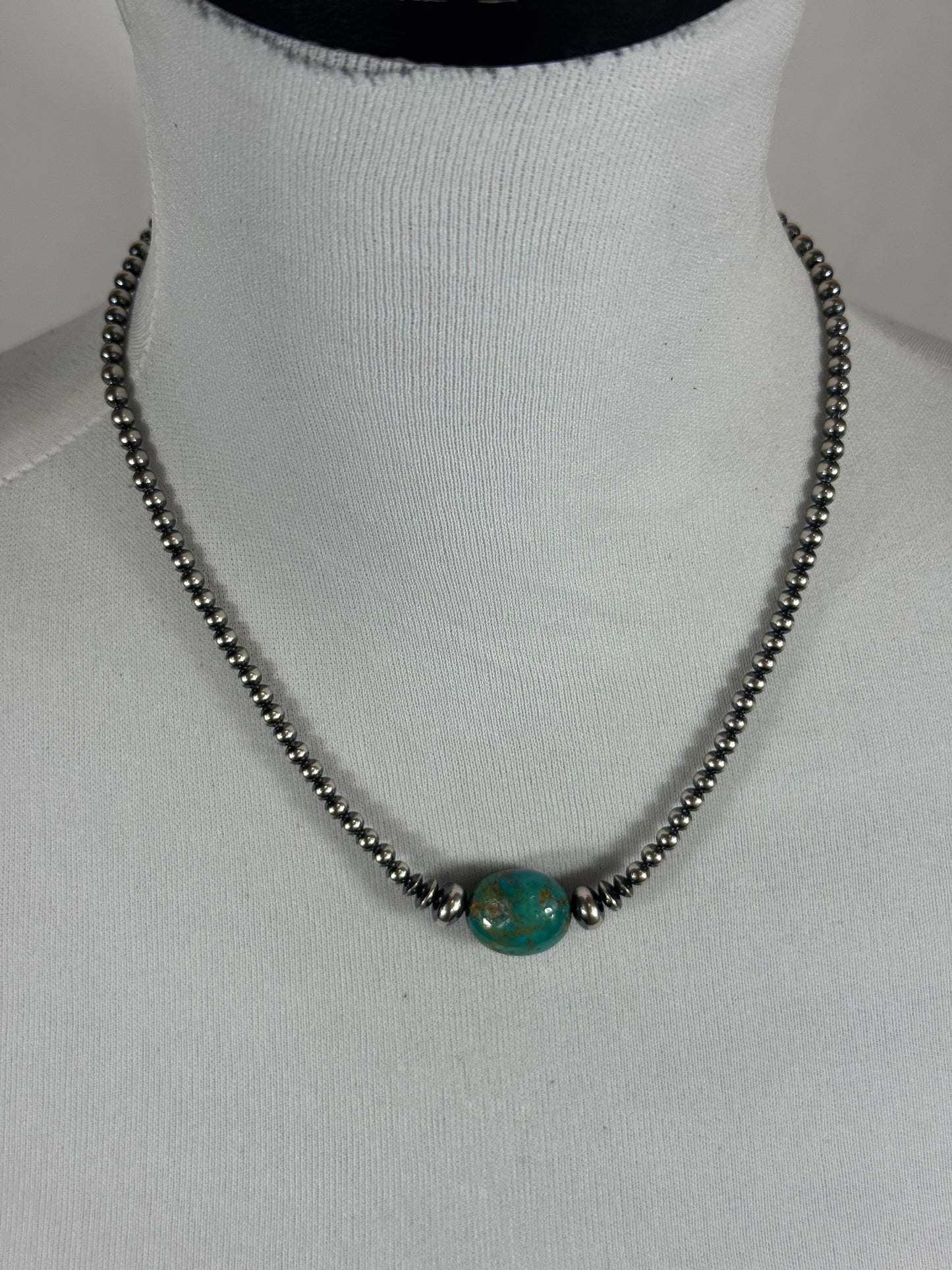 4mm Sterling Silver bead and Kingman chunk necklace