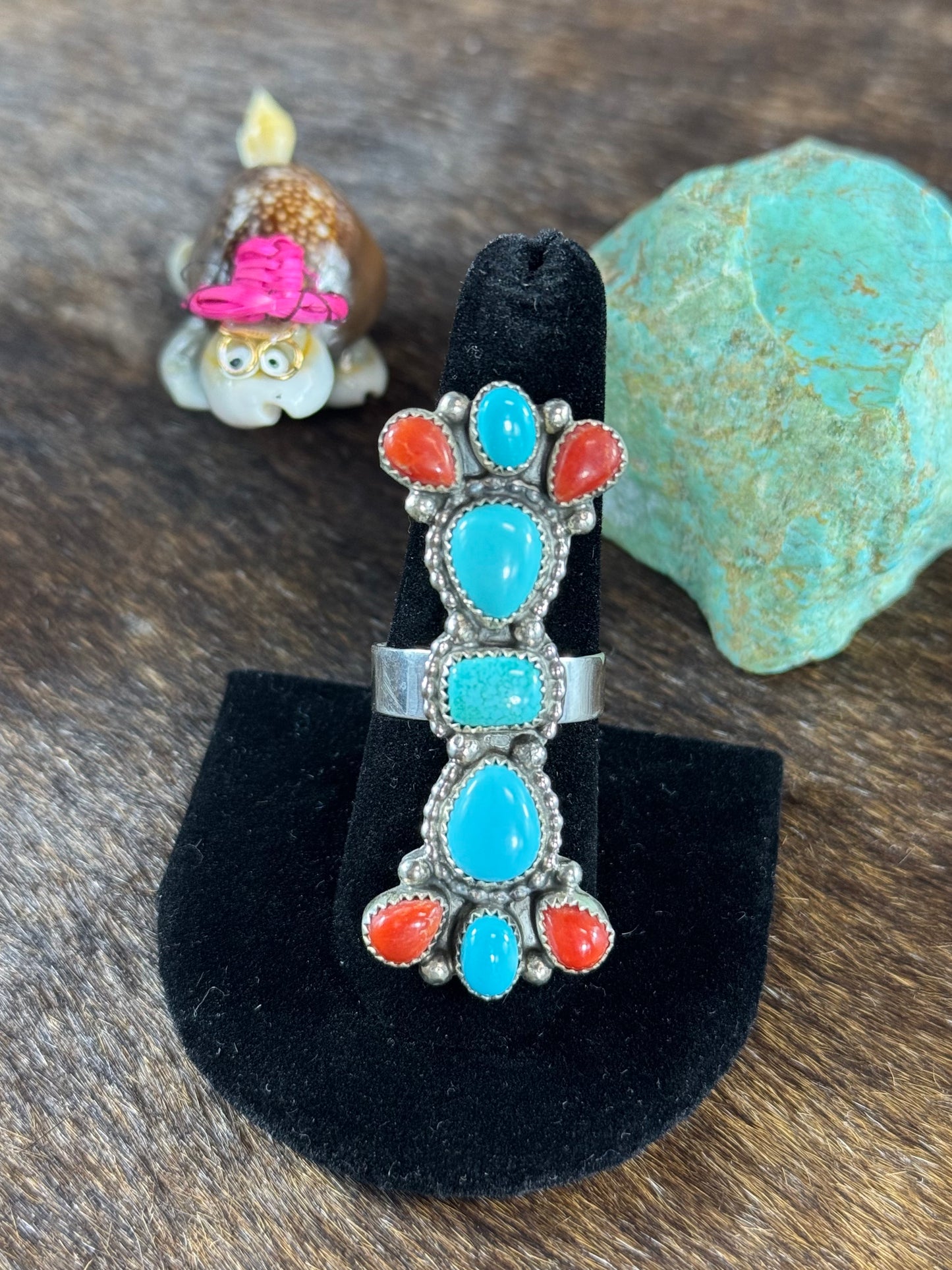 Turquoise and Coral Bow Tie Ring