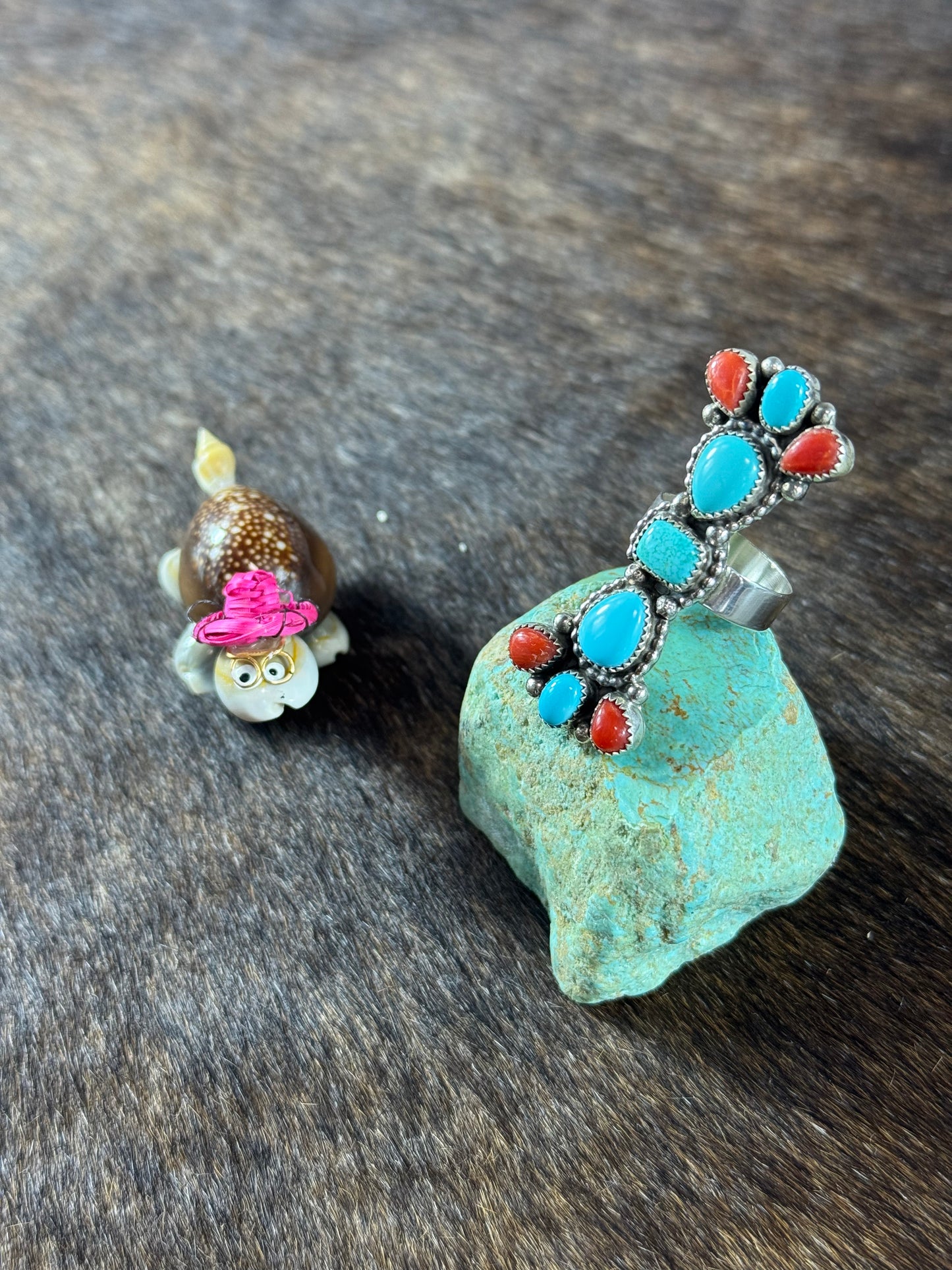 Turquoise and Coral Bow Tie Ring