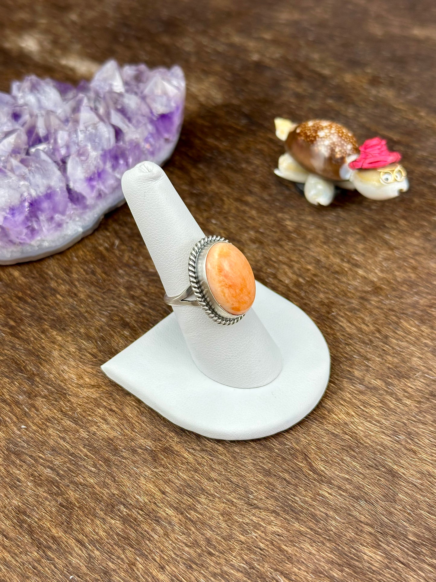 Orange Spiny Sterling Silver Oval Ring