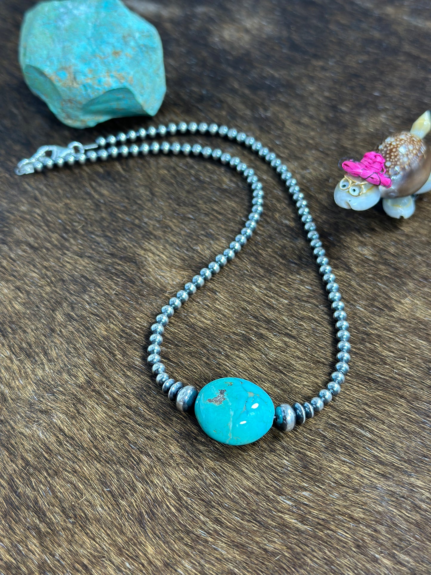 4mm Sterling Silver bead and Kingman chunk necklace