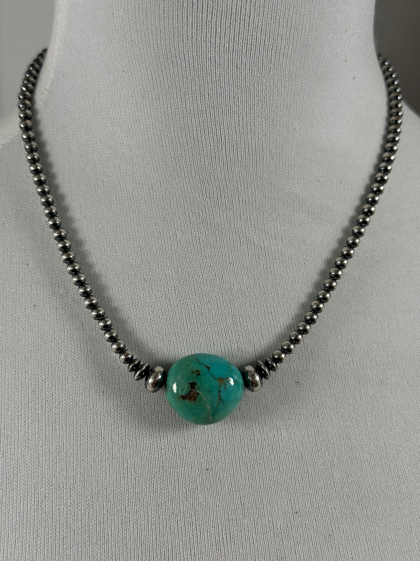 4mm Sterling Silver bead and Kingman chunk necklace