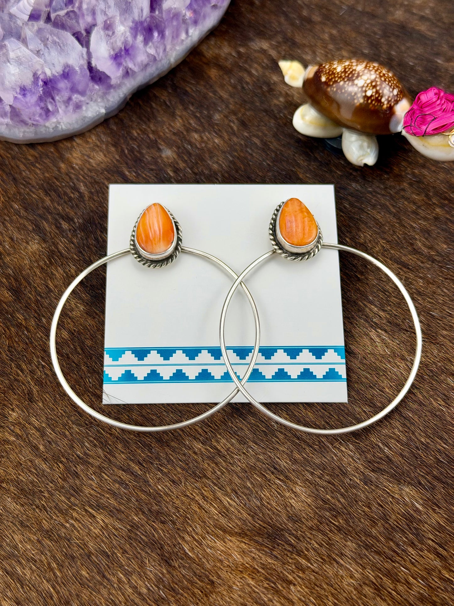 Orange Spiny Teardrop Hoop Sterling Silver Earrings