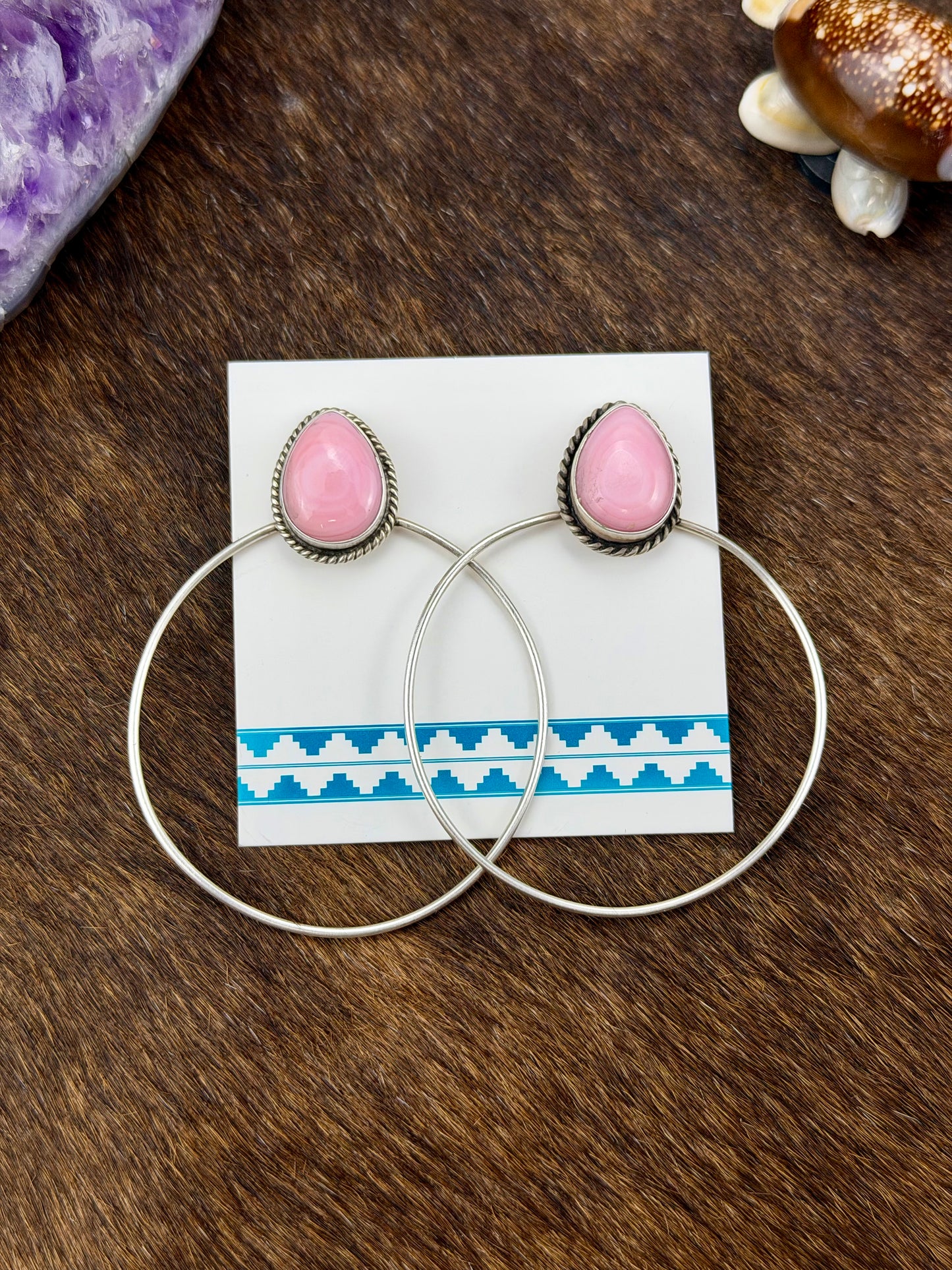 Pink Conch Teardrop Hoop Sterling Silver Earrings