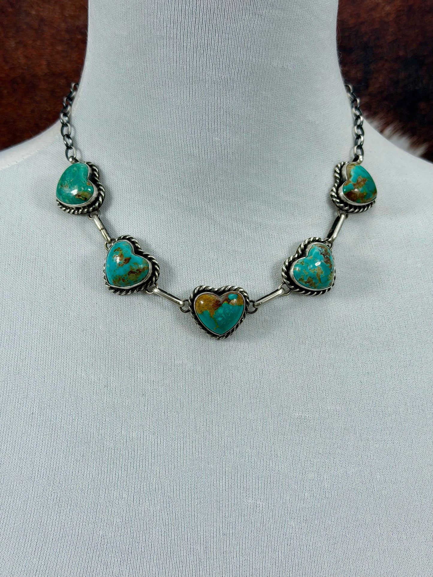 Kingman Turquoise Heart 5 Stone Sterling Silver Choker