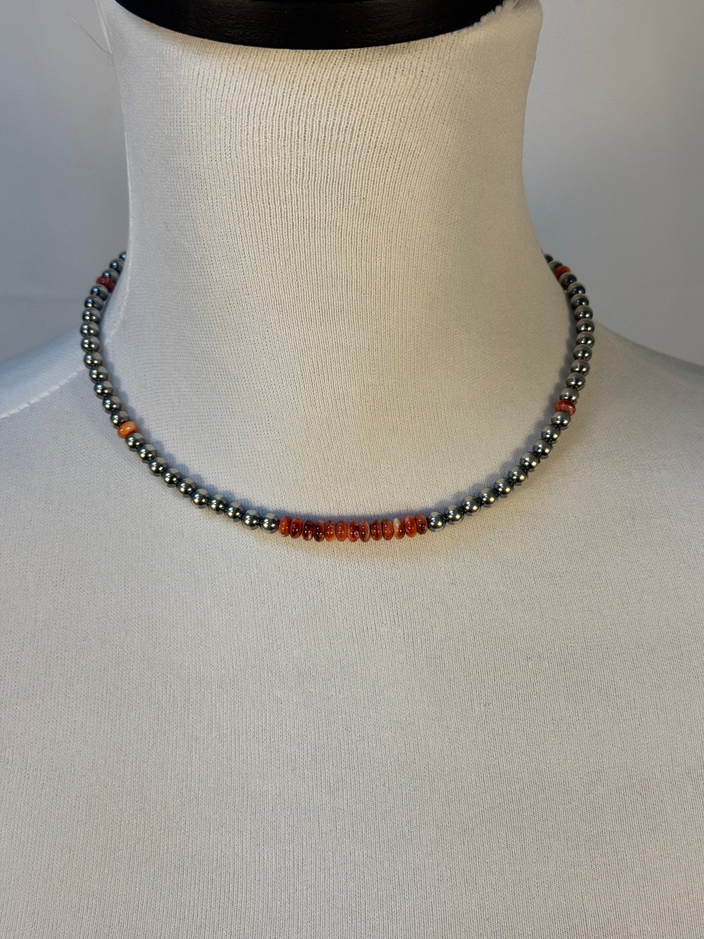 4MM Navajo Style and Red Spiny Pearl Necklace