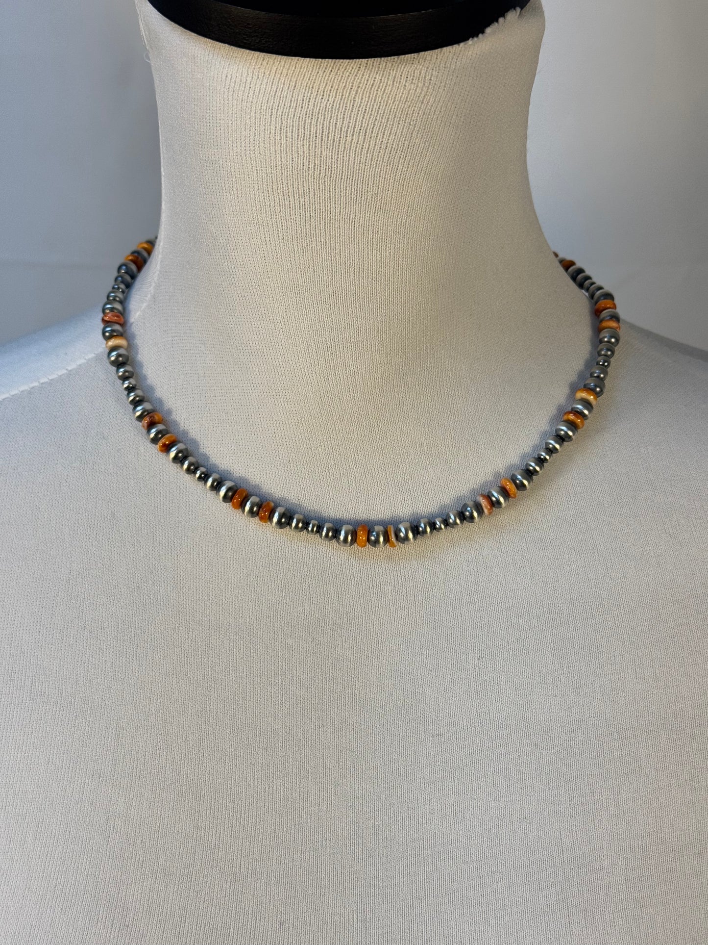 One Stone Orange Spiny and Navajo Style Pearl Necklace