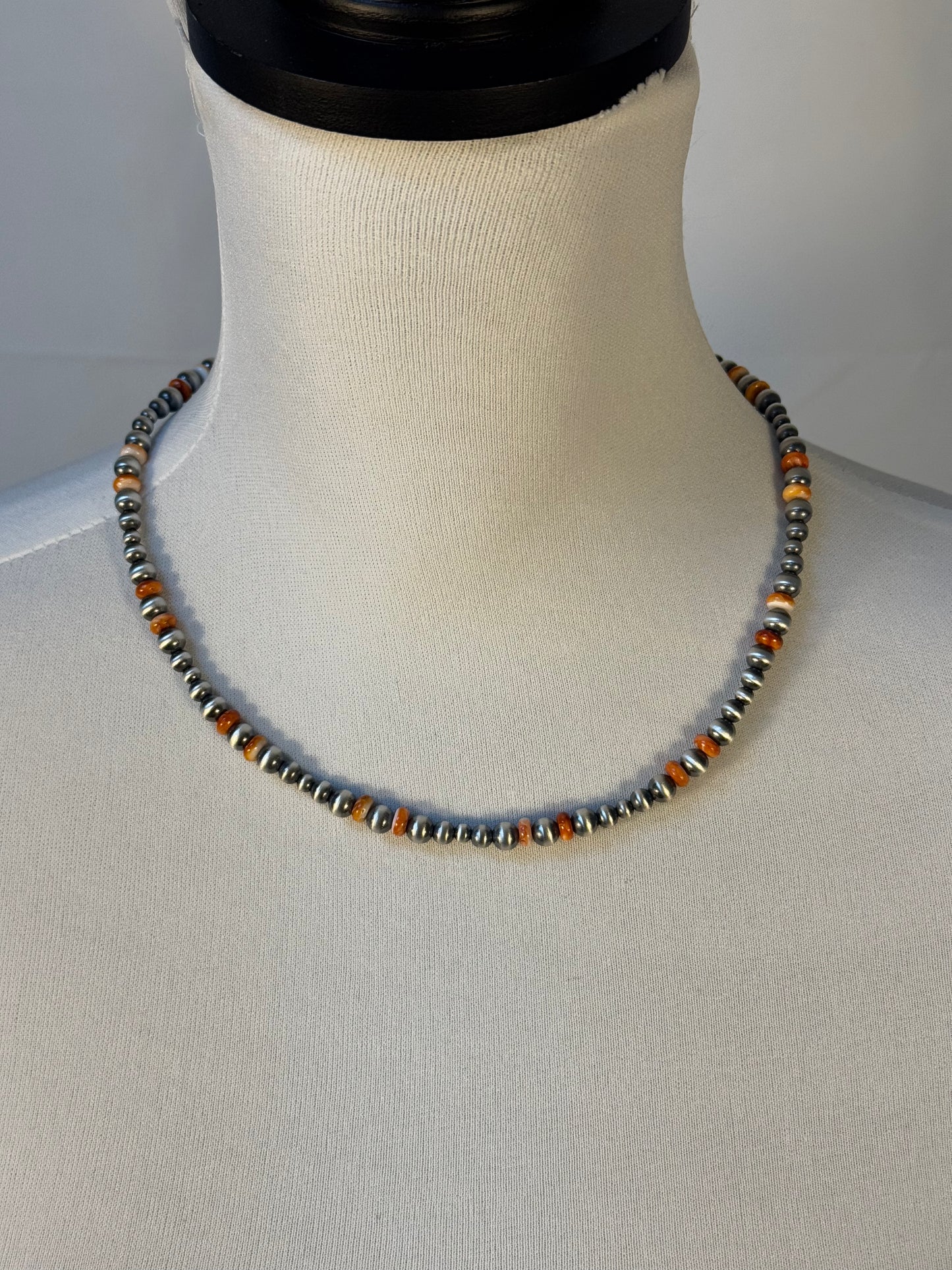 One Stone Orange Spiny and Navajo Style Pearl Necklace