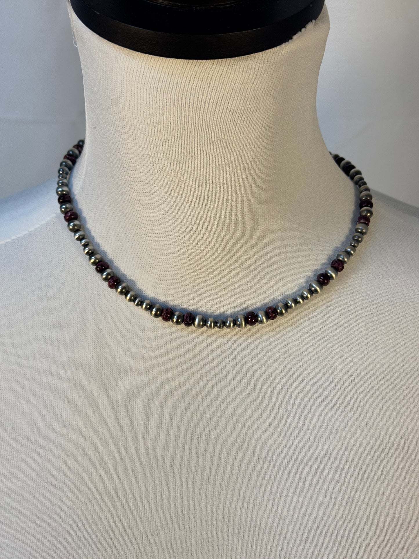 One Stone Purple Spiny and Navajo Style Bead Necklace