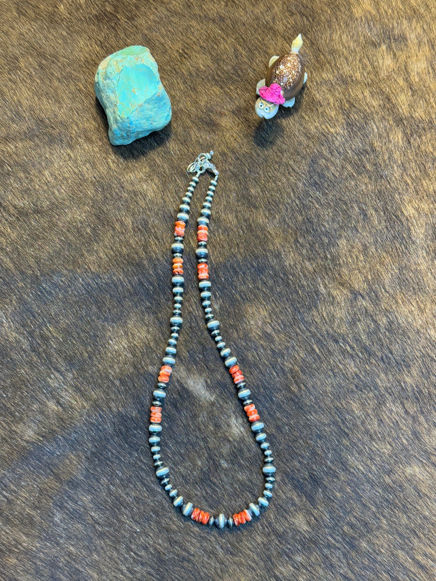 Three Stone Orange Spiny and Navajo Style Bead Necklace