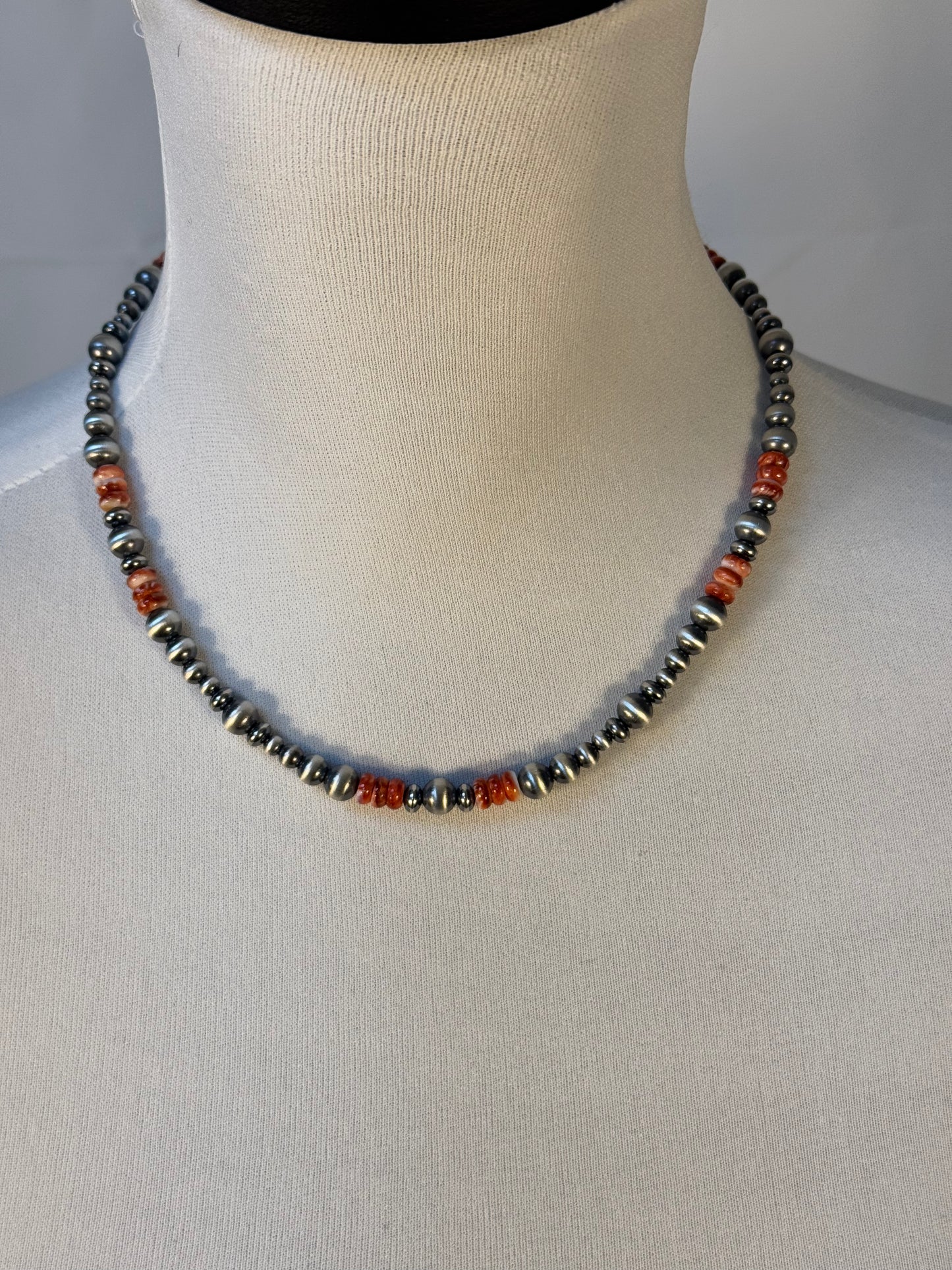 Three Stone Orange Spiny and Navajo Style Bead Necklace