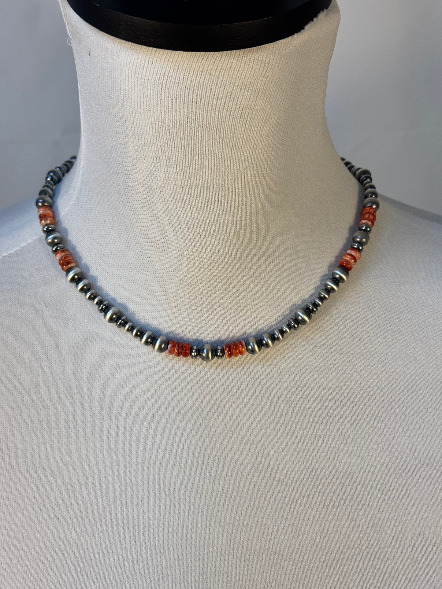 Three Stone Orange Spiny and Navajo Style Bead Necklace