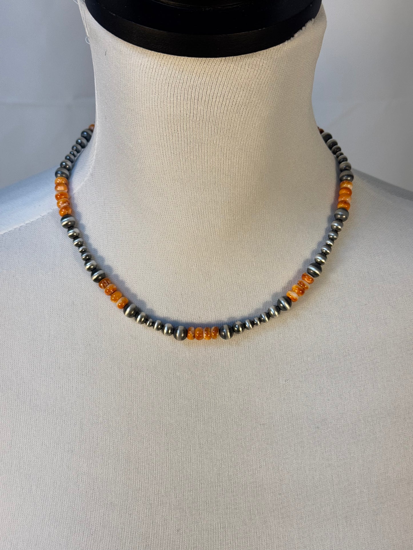 Four Stone Orange Spiny and Navajo Style Bead Necklace