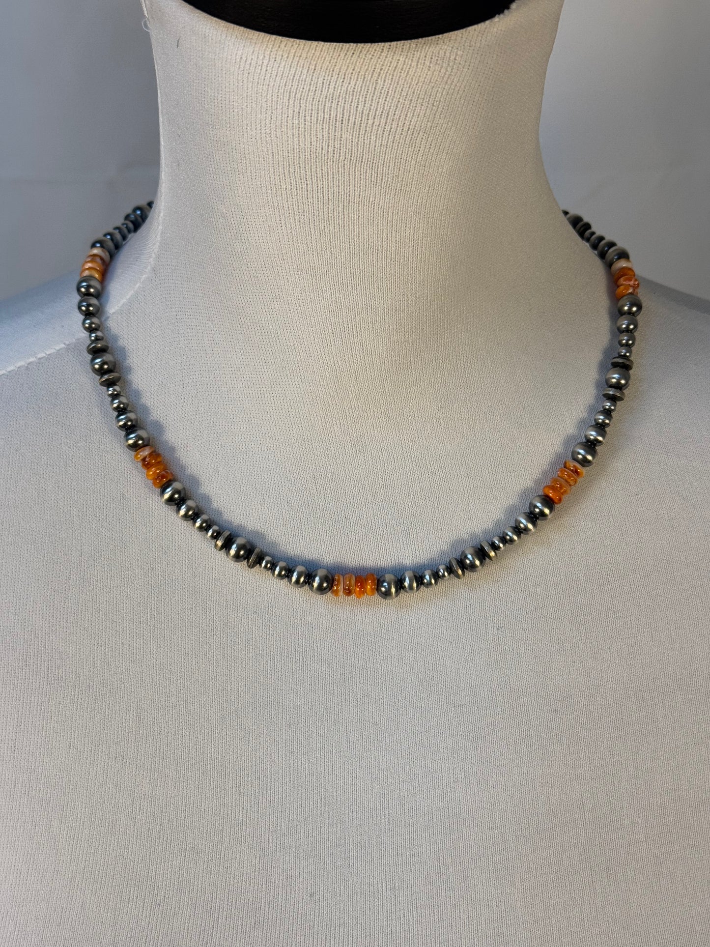 Four Stone Orange Spiny and Navajo Style Bead Necklace