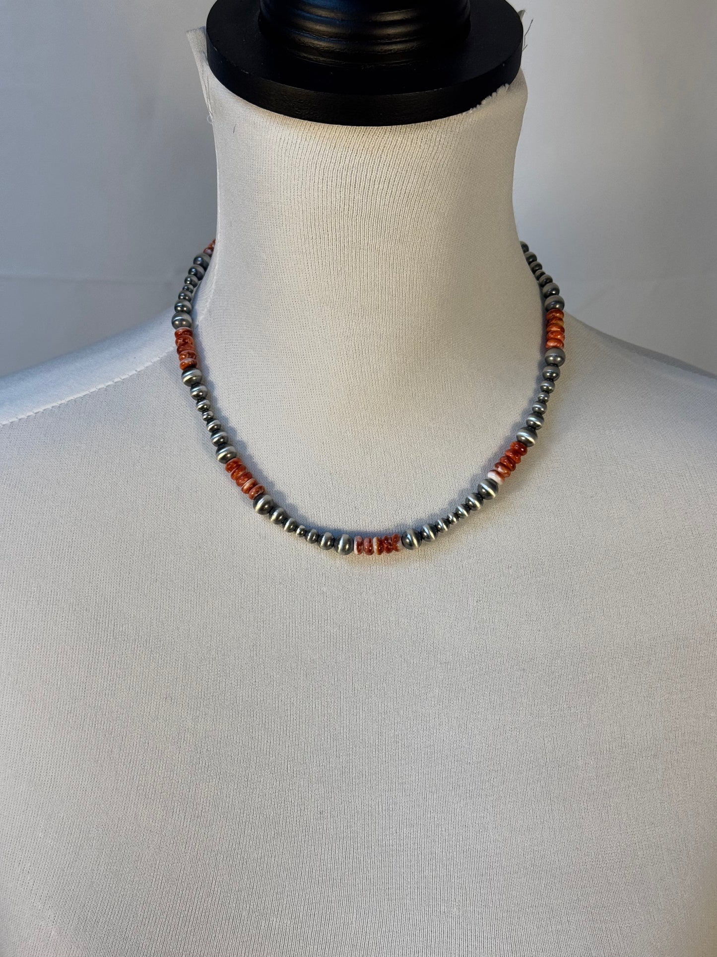 Five Stone Red Spiny and Navajo Style Bead Necklace