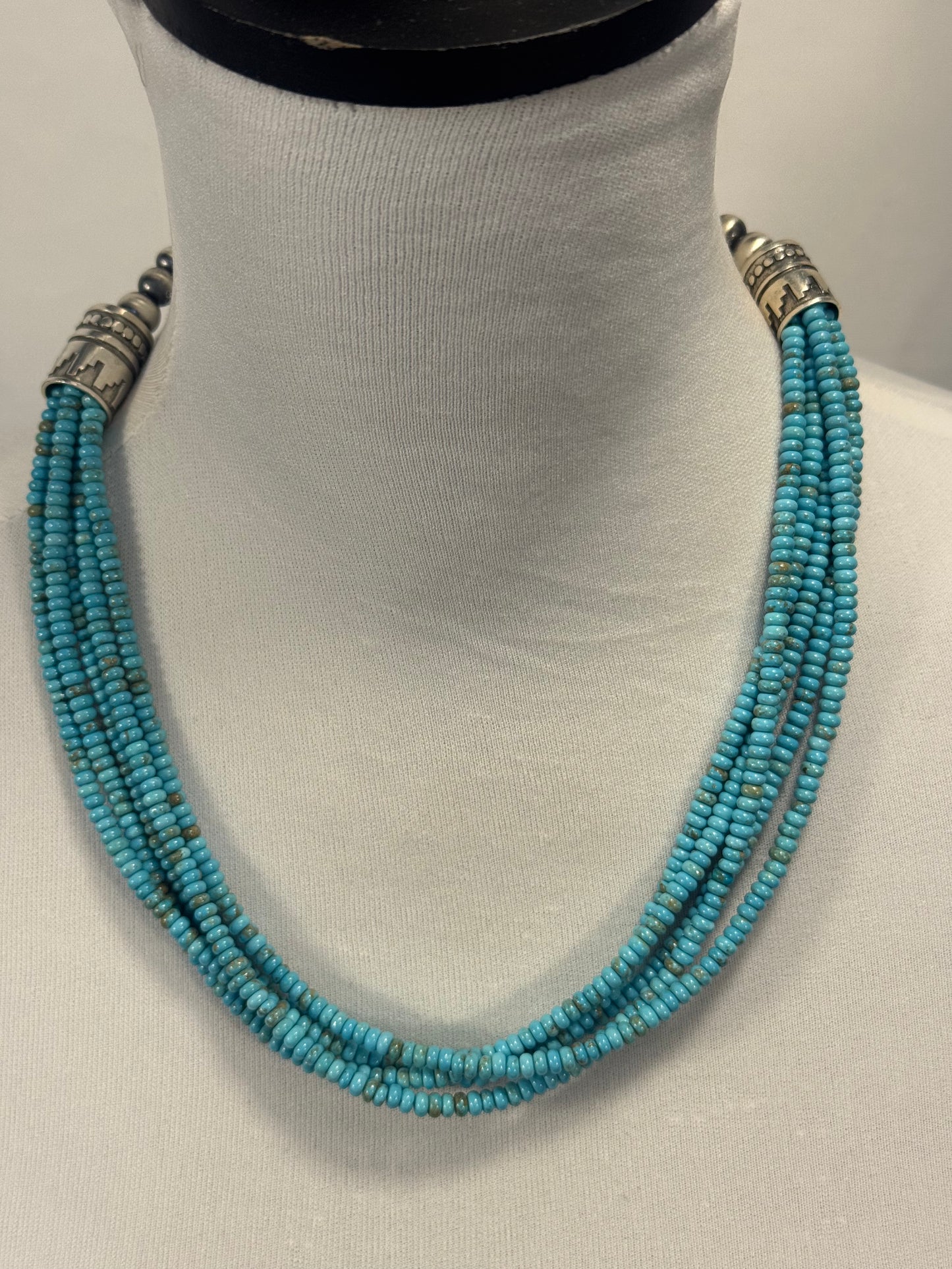 Sterling Pearl & Kingman Bead Necklace 5 Strand 22"