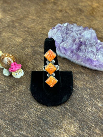 3 Stone Orange Spiny Square Ring