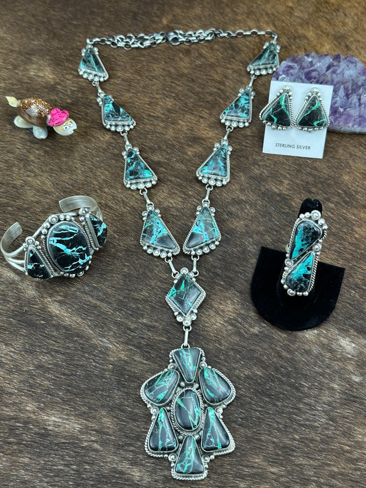 Sterling Silver Black Jack Necklace Bracelet Ring and Earring Set