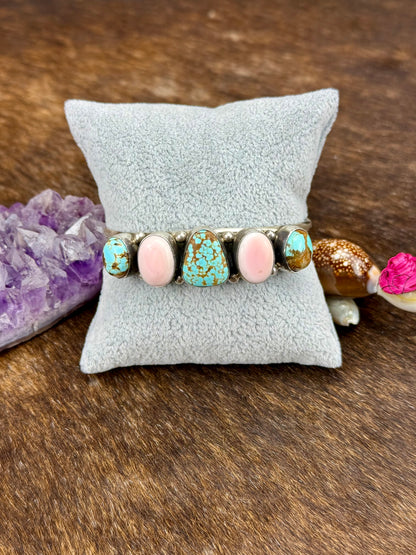 #8 Turquoise And Pink Conch 5 Stone Sterling Silver Cuff