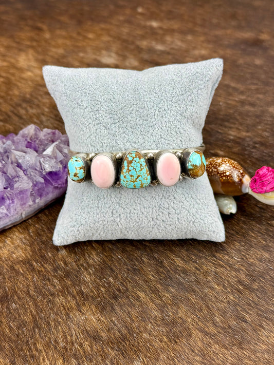 #8 Turquoise And Pink Conch 5 Stone Sterling Silver Cuff