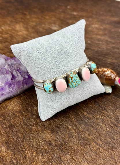 #8 Turquoise And Pink Conch 5 Stone Sterling Silver Cuff