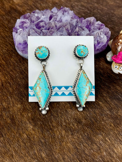 Kingman Turquoise Diamond Shaped Sterling Silver Dangle Earrings