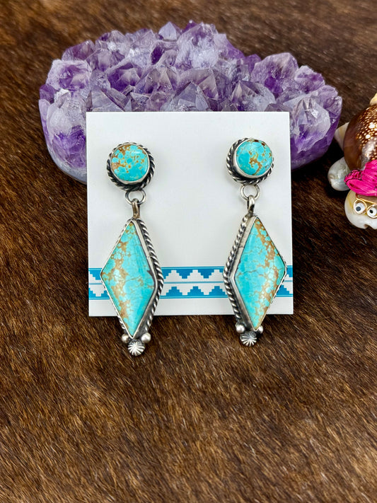 Kingman Turquoise Diamond Shaped Sterling Silver Dangle Earrings