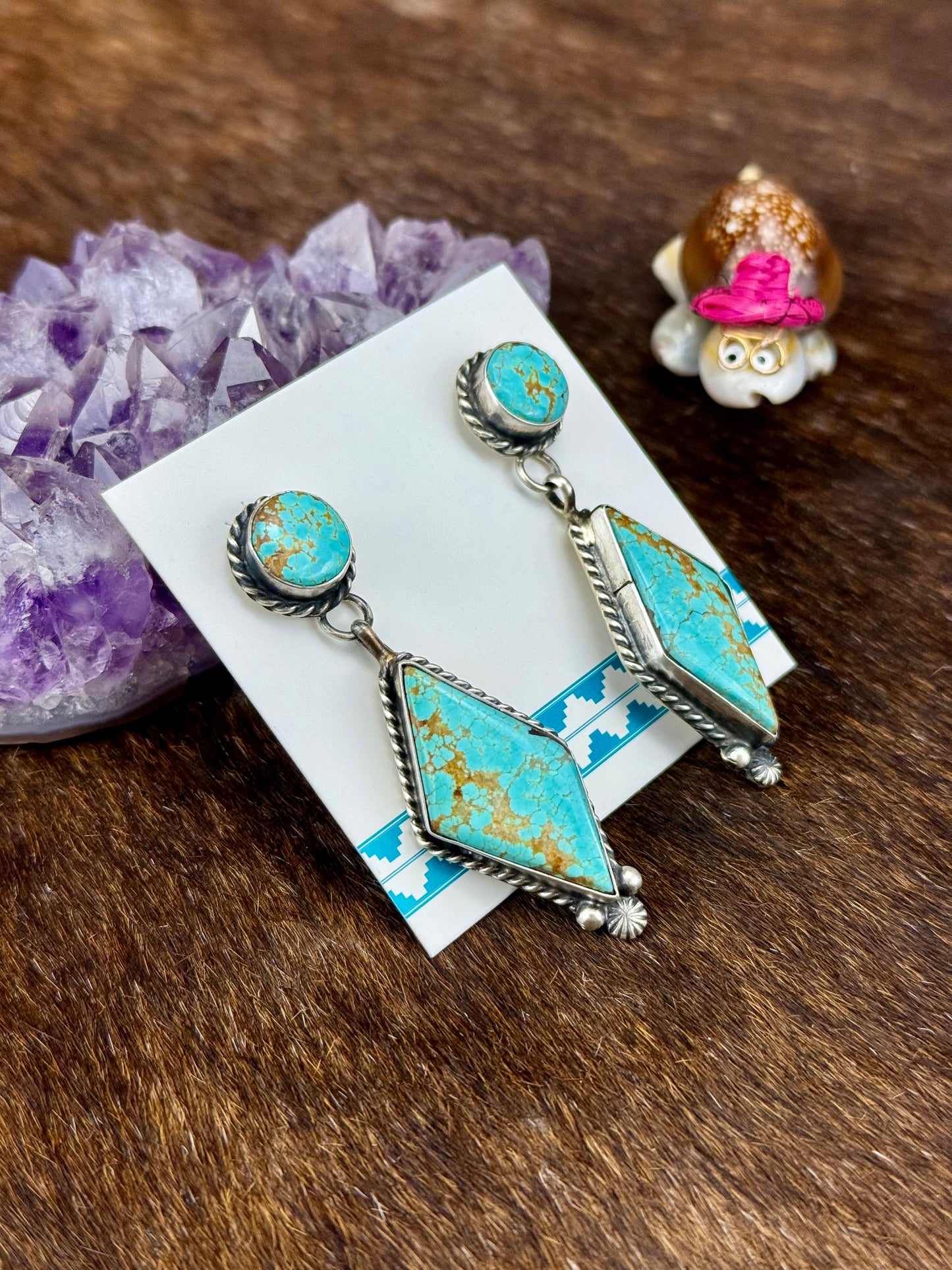 Kingman Turquoise Diamond Shaped Sterling Silver Dangle Earrings
