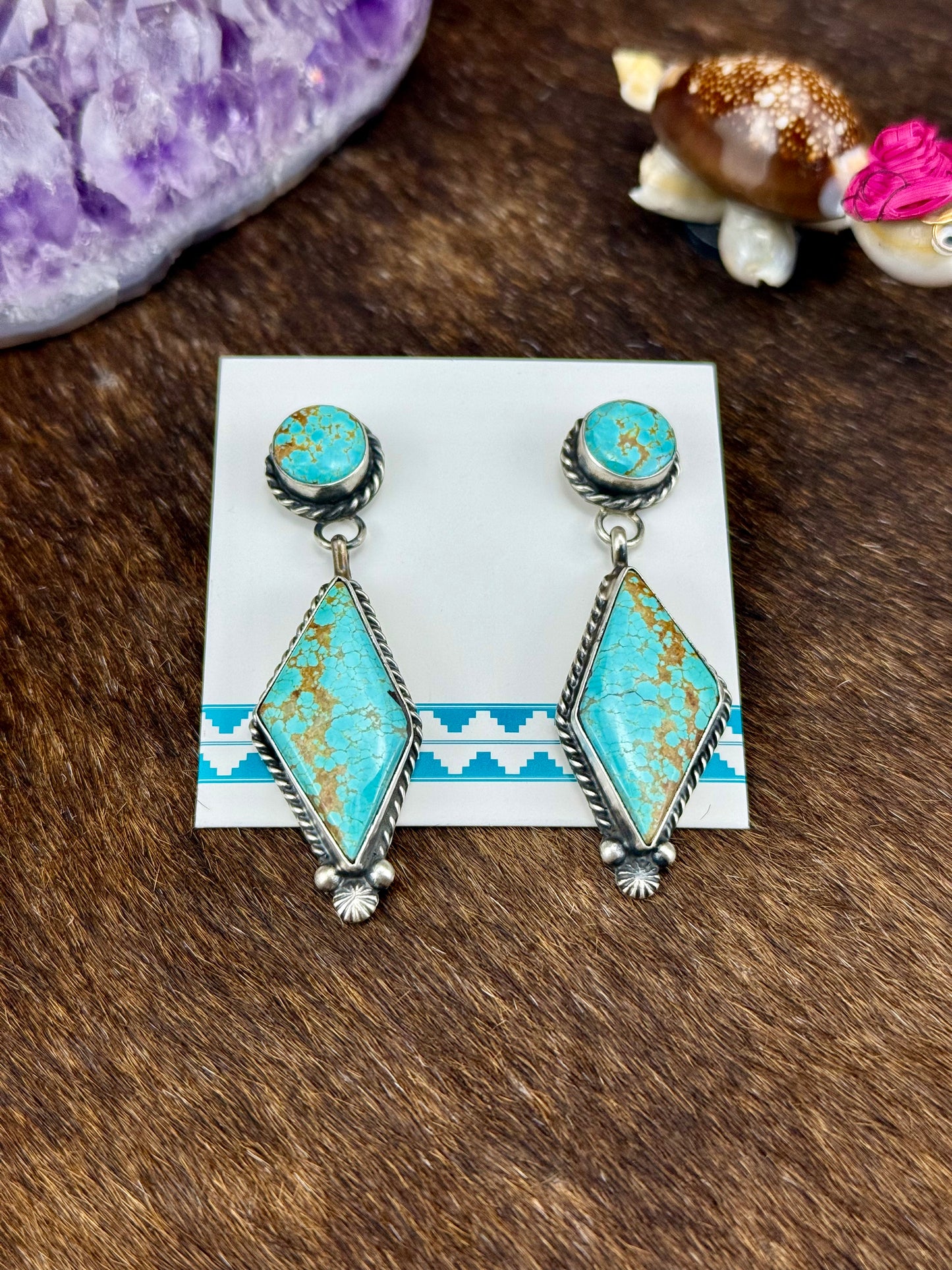 Kingman Turquoise Diamond Shaped Sterling Silver Dangle Earrings