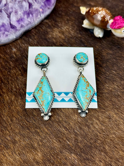 Kingman Turquoise Diamond Shaped Sterling Silver Dangle Earrings