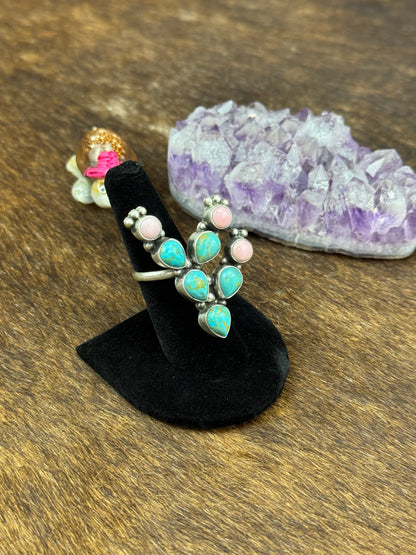 Kingman Turquoise and Pink Conch Cactus Ring