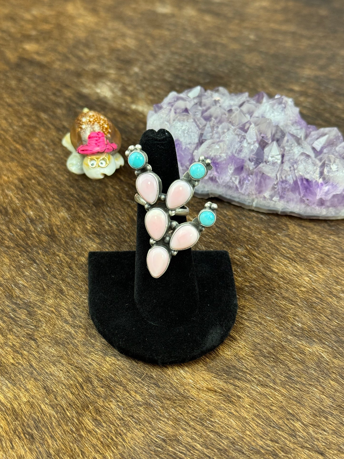 Pink Conch and Kingman Turquoise Cactus Ring