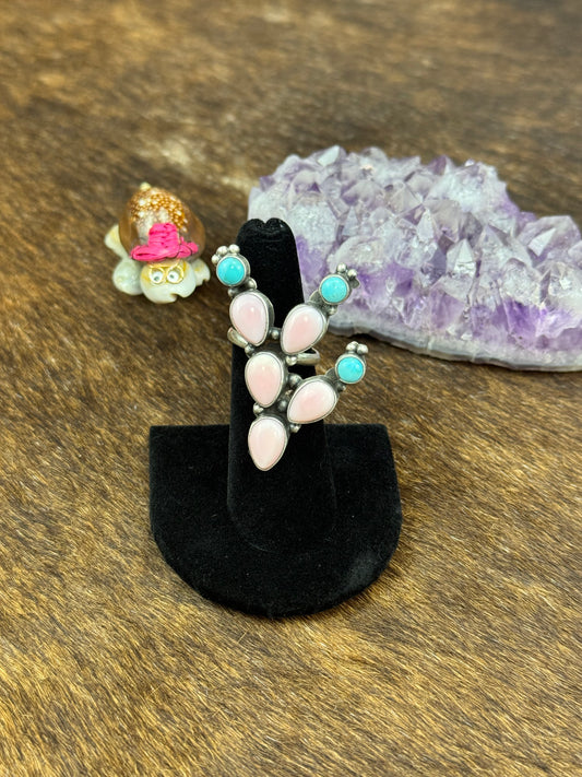 Pink Conch and Kingman Turquoise Cactus Ring